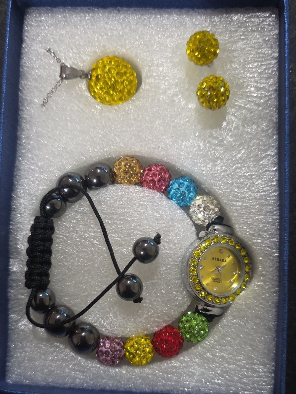 Strada Multicolor Crystal Bead Bracelet Watch Set with Yellow Accents